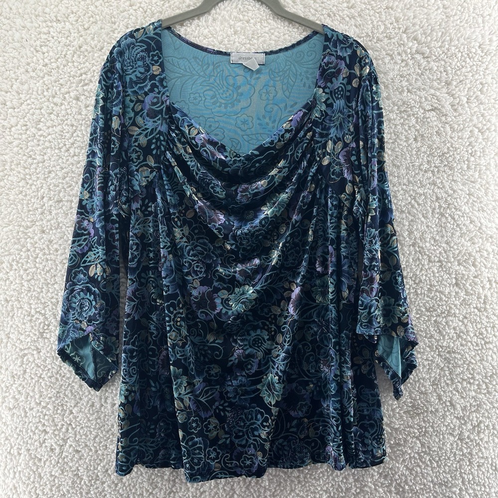 Dressbarn Velvet Top Plus Size 1X Teal Blue‎ Dark Romantic Floral Witchy Fairy